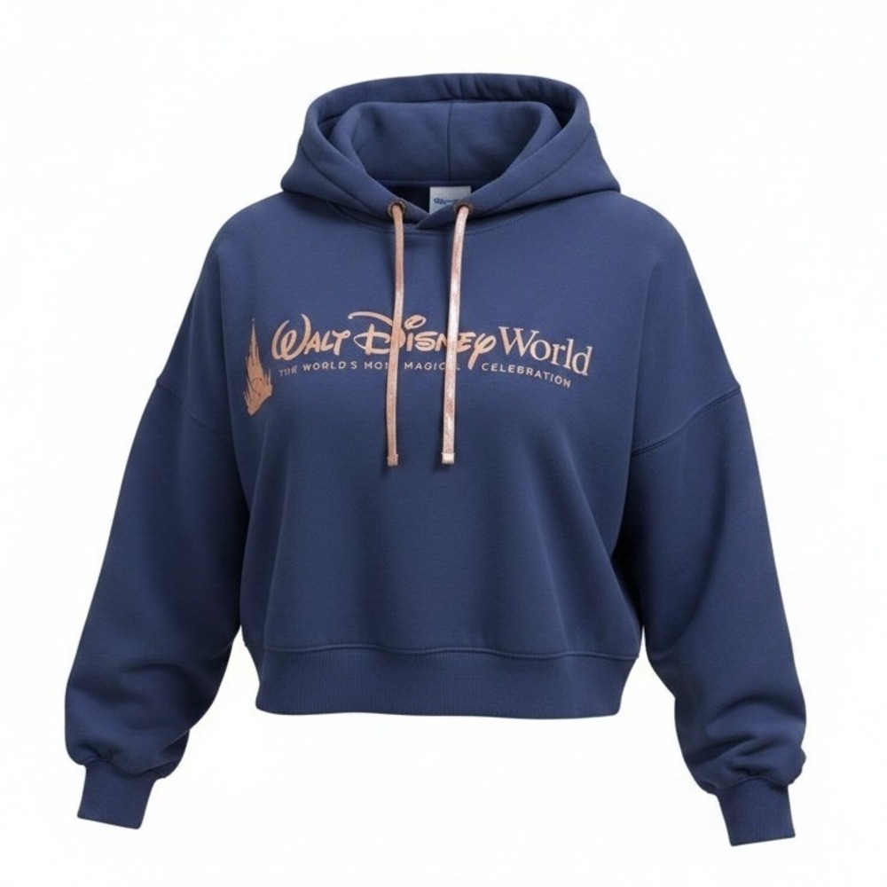 Walt Disney World 50th Anniversary Cropped Hoodie L Navy Rose Gold Castle Crop